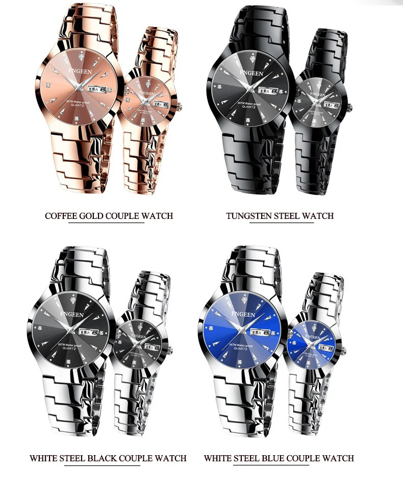 BINBOND Luxury Quartz Watches For Couple Luminous Waterproof Week Display Auto Date Stainless Steel Watch Casual Reloj
