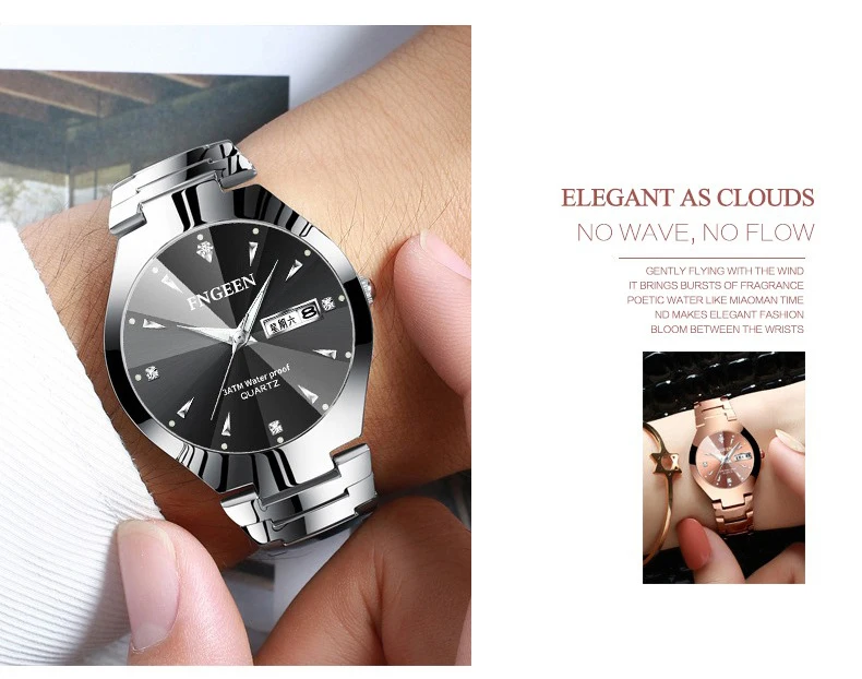 BINBOND Luxury Quartz Watches For Couple Luminous Waterproof Week Display Auto Date Stainless Steel Watch Casual Reloj