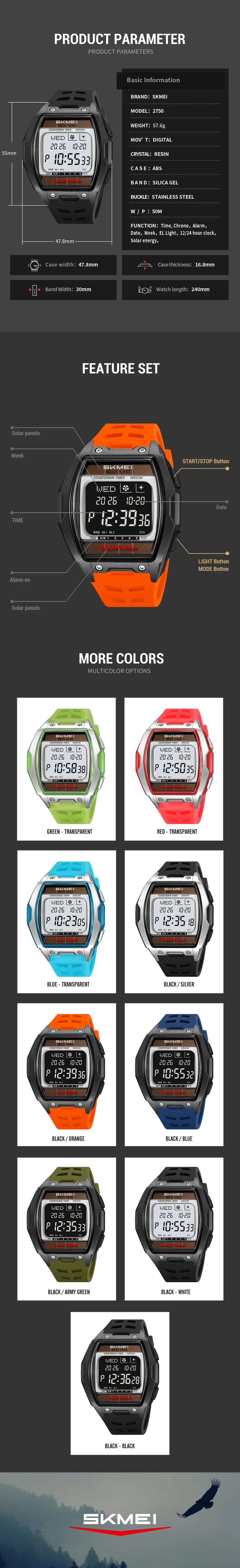 SKMEI 2750 Solar Digital Watch For Men Big Number 5ATM Water Resistant Sports Men Digital Watch EL Light Week Date Outdoor Clock
