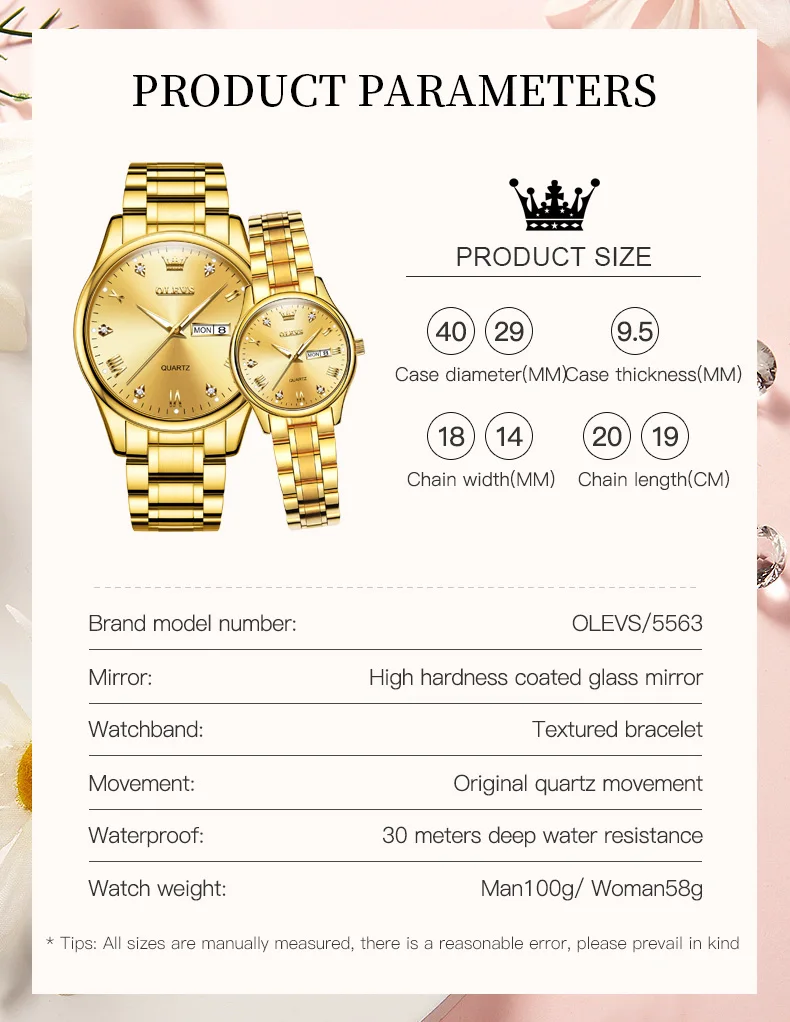 OLEVS 5563 Original Luxury Brand Couple Watch Gold Stainless Steel Quartz Watch for Men and Women Waterproof Luminous Wristwatch