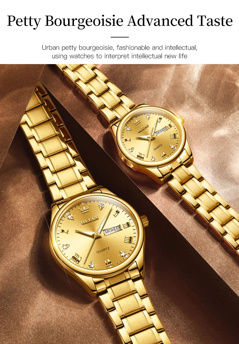 OLEVS 5563 Original Luxury Brand Couple Watch Gold Stainless Steel Quartz Watch for Men and Women Waterproof Luminous Wristwatch