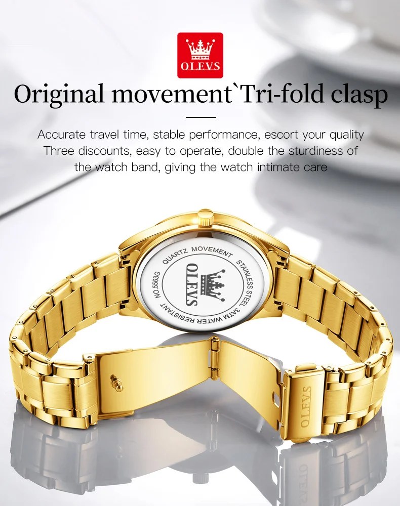 OLEVS 5563 Original Luxury Brand Couple Watch Gold Stainless Steel Quartz Watch for Men and Women Waterproof Luminous Wristwatch