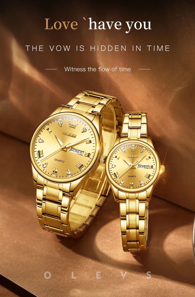 OLEVS 5563 Original Luxury Brand Couple Watch Gold Stainless Steel Quartz Watch for Men and Women Waterproof Luminous Wristwatch