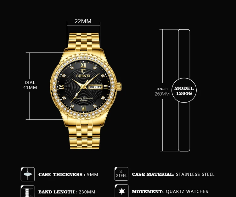 CHENXI Golden Quartz Watch Men Top Luxury Wristwatch Waterproof Golden Male Wrist Watch Man Full Steel Clock relogio masculino