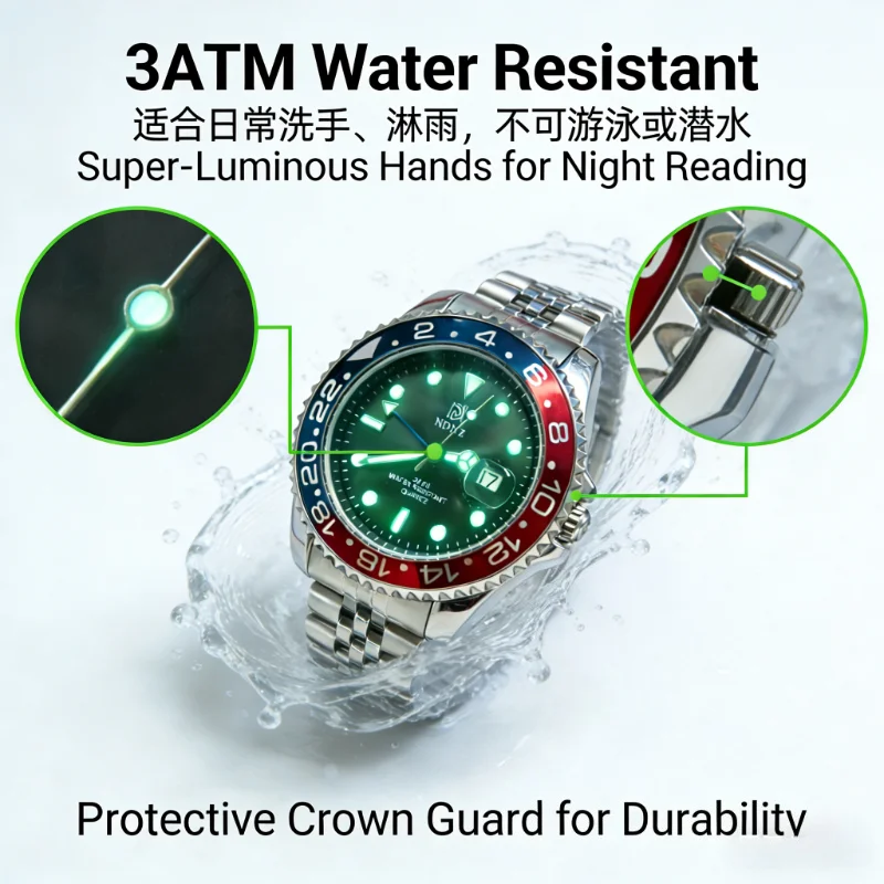 Men's GMT Style Quartz Watch, 3ATM Waterproof Stainless Steel Band, Black Blue Bezel Luminous Wristwatch with Date Display