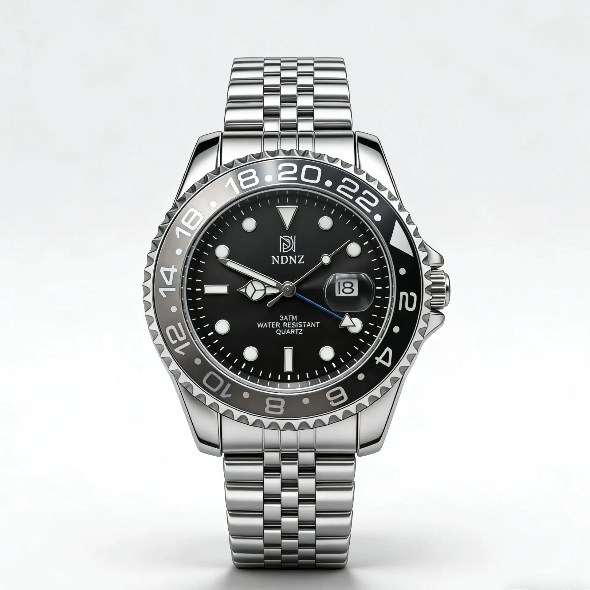 Men's GMT Style Quartz Watch, 3ATM Waterproof Stainless Steel Band, Black Blue Bezel Luminous Wristwatch with Date Display