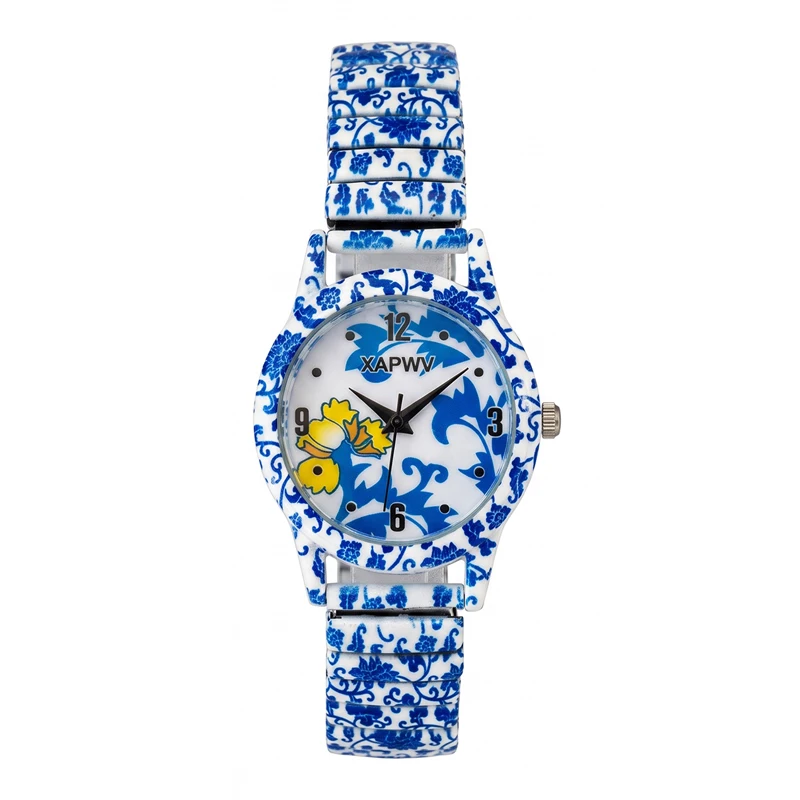 New Fashionable Blue and White Porcelain Quartz Women's Watch, Niche Luxury Elastic Strap, Couple's Model, a Pair