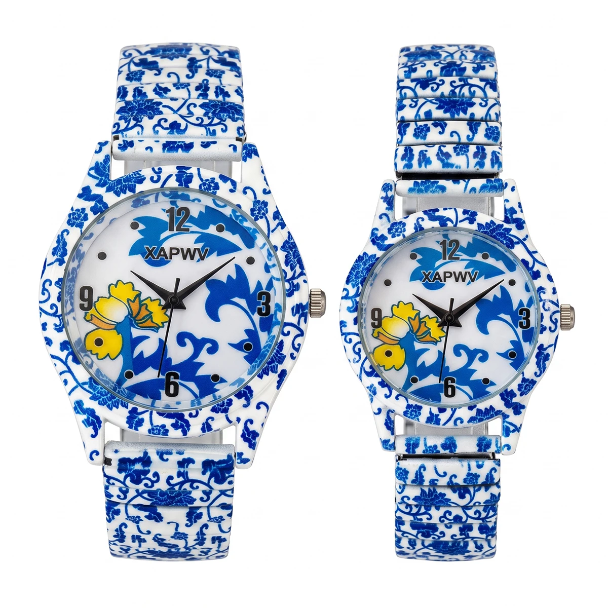 New Fashionable Blue and White Porcelain Quartz Women's Watch, Niche Luxury Elastic Strap, Couple's Model, a Pair