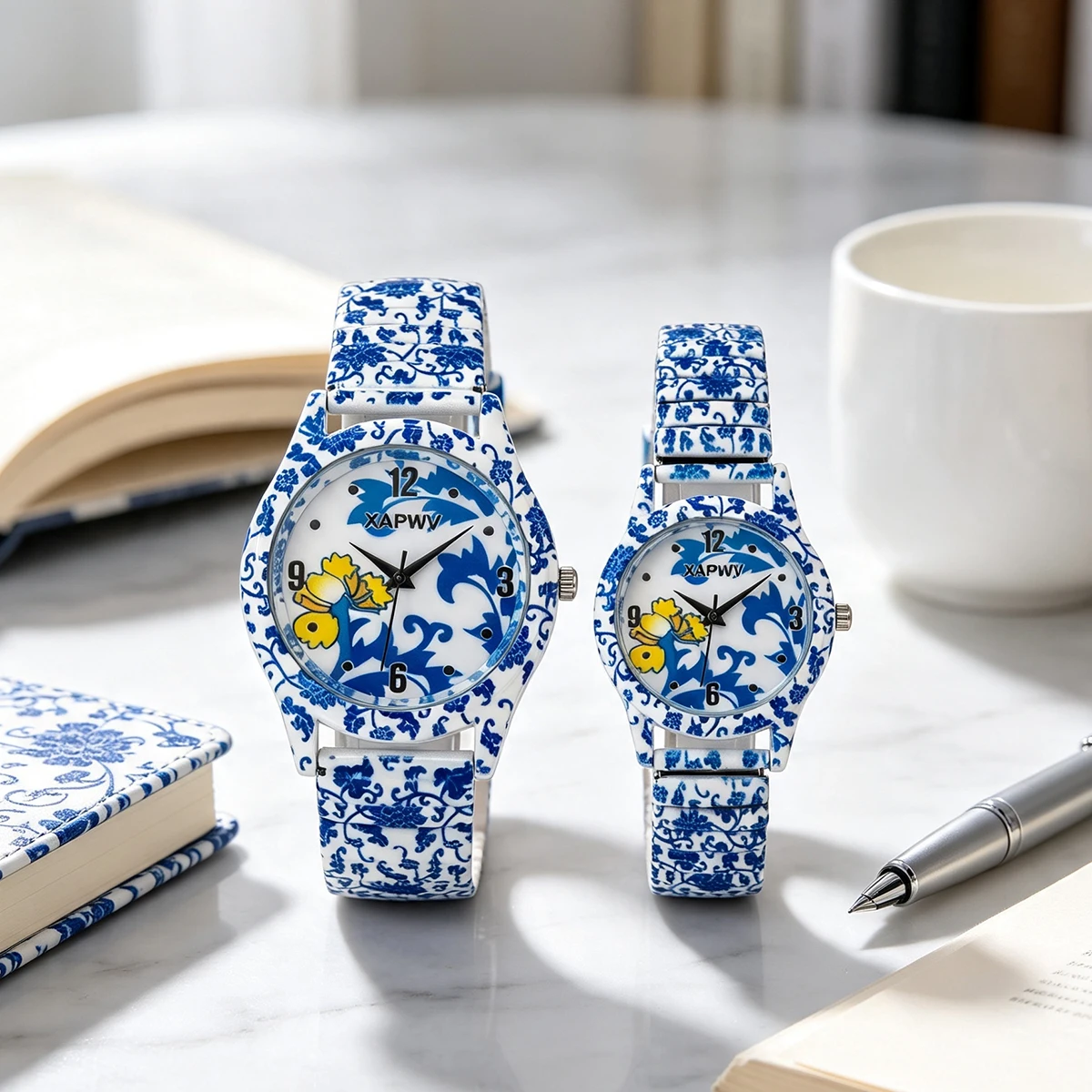 New Fashionable Blue and White Porcelain Quartz Women's Watch, Niche Luxury Elastic Strap, Couple's Model, a Pair