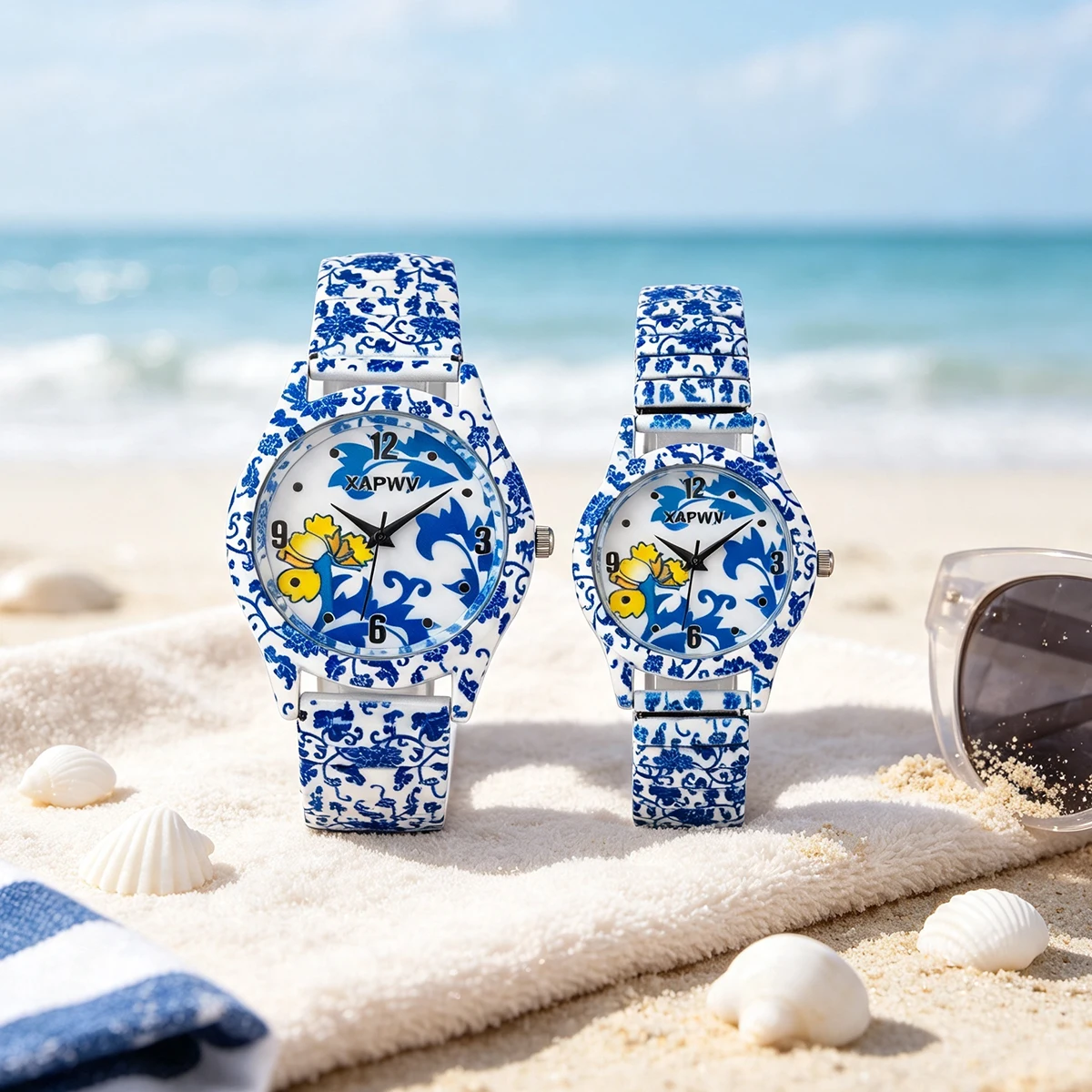 New Fashionable Blue and White Porcelain Quartz Women's Watch, Niche Luxury Elastic Strap, Couple's Model, a Pair