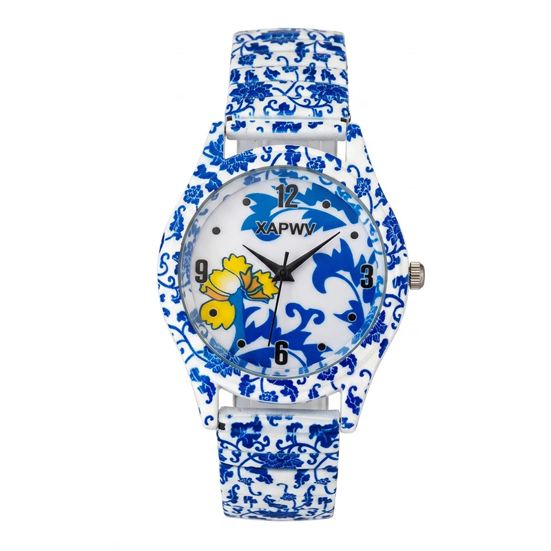 New Fashionable Blue and White Porcelain Quartz Women's Watch, Niche Luxury Elastic Strap, Couple's Model, a Pair
