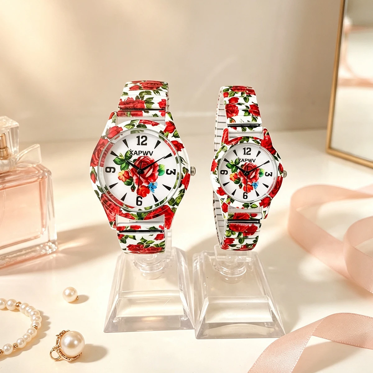 Fashionable Casual Elastic Band Rose Flower Color Women's Quartz Watch Couple's Watch for Men and Women