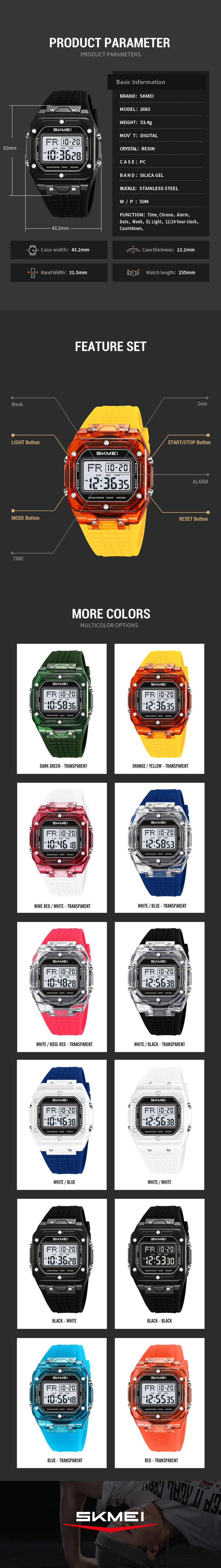 SKMEI 2683 Original Unisex Digital Wristwatch 5Bar Waterproof Women Men Sports Watches EL Backlight Clock Stopwatch Alarm Date