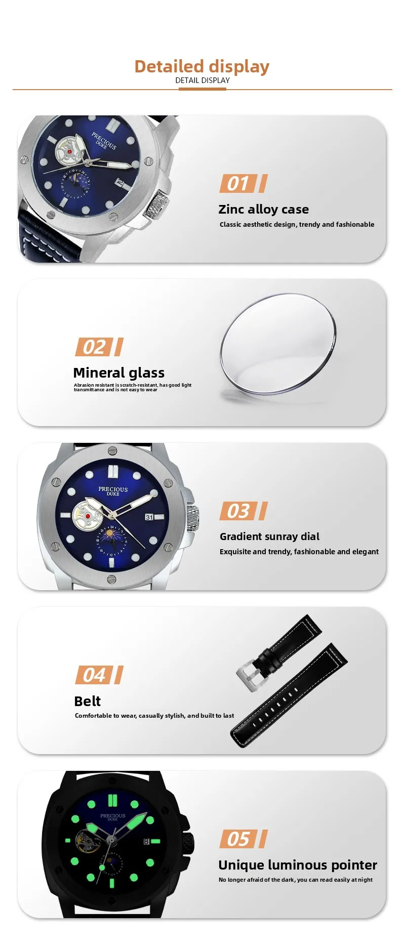 Fashion Casual PRECIUOS DUKE UK Brand Precious Wristwatch Classic Leather Strap Elegant Quartz Watch