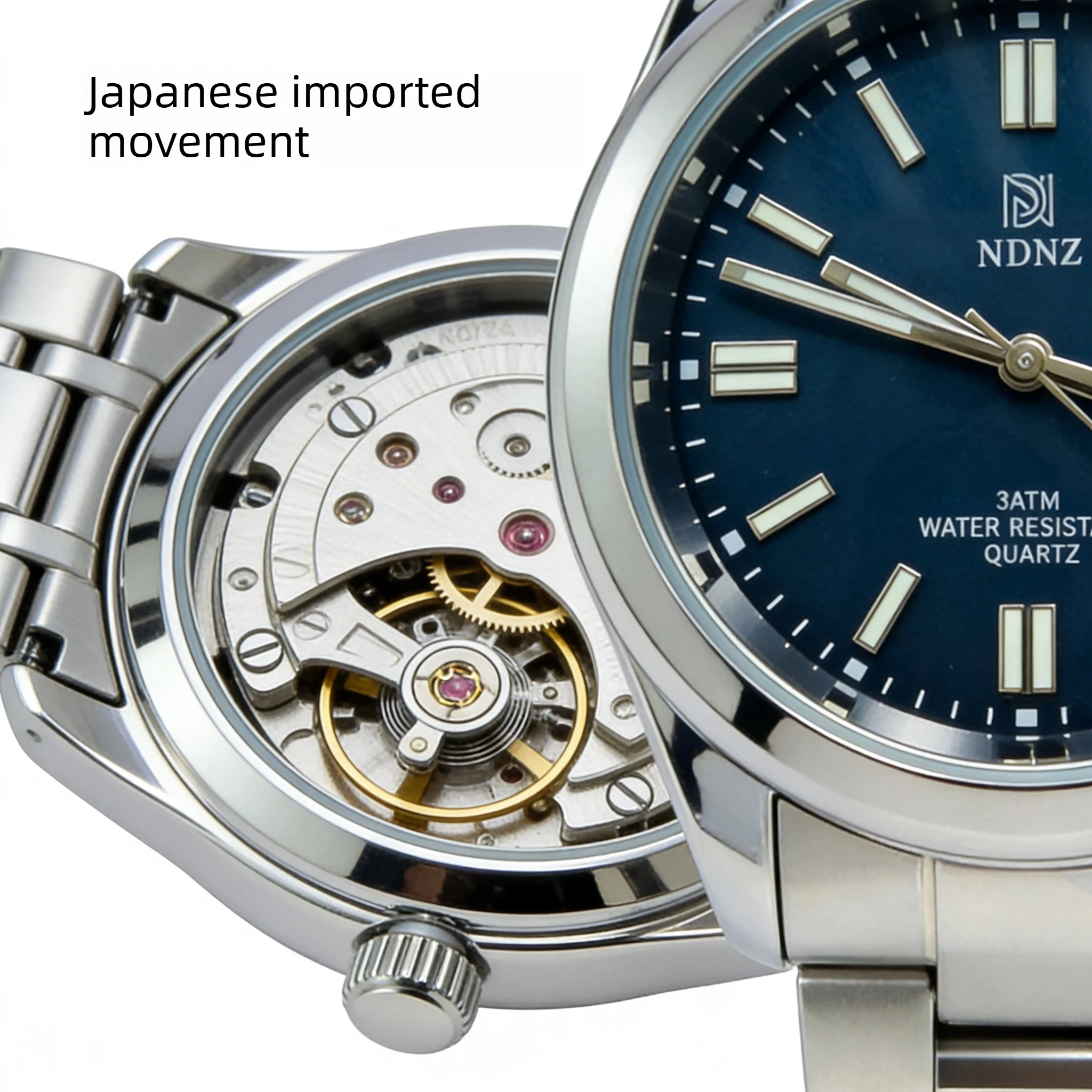 NDNZ Luminous Couple Watch Stainless Steel Waterproof Japanese Movement Date Display Luxury Wristwatch