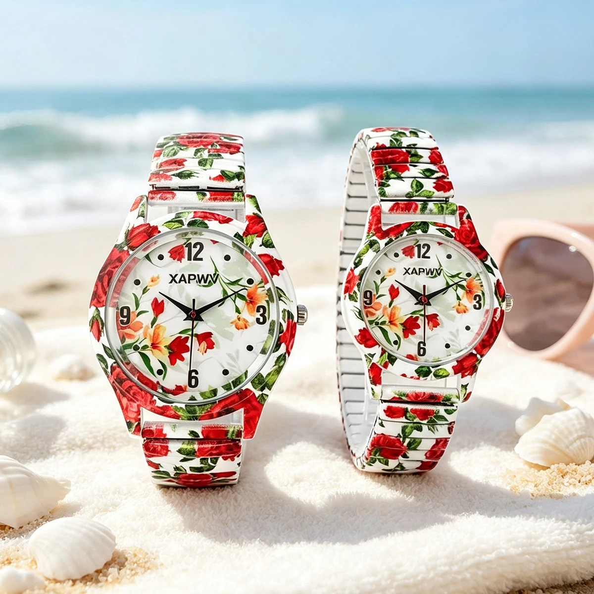 Fashionable Casual Light Luxury Rose-Colored Quartz Women's Watch with Elastic Strap, Couple's Watch Set