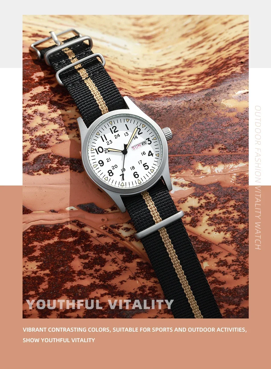 TPW 2026 Luminous 38mm Couple Wrist Watch Arabic Numeral Easy Read Fabric Strap 24hr Date Day Quartz Field Watch