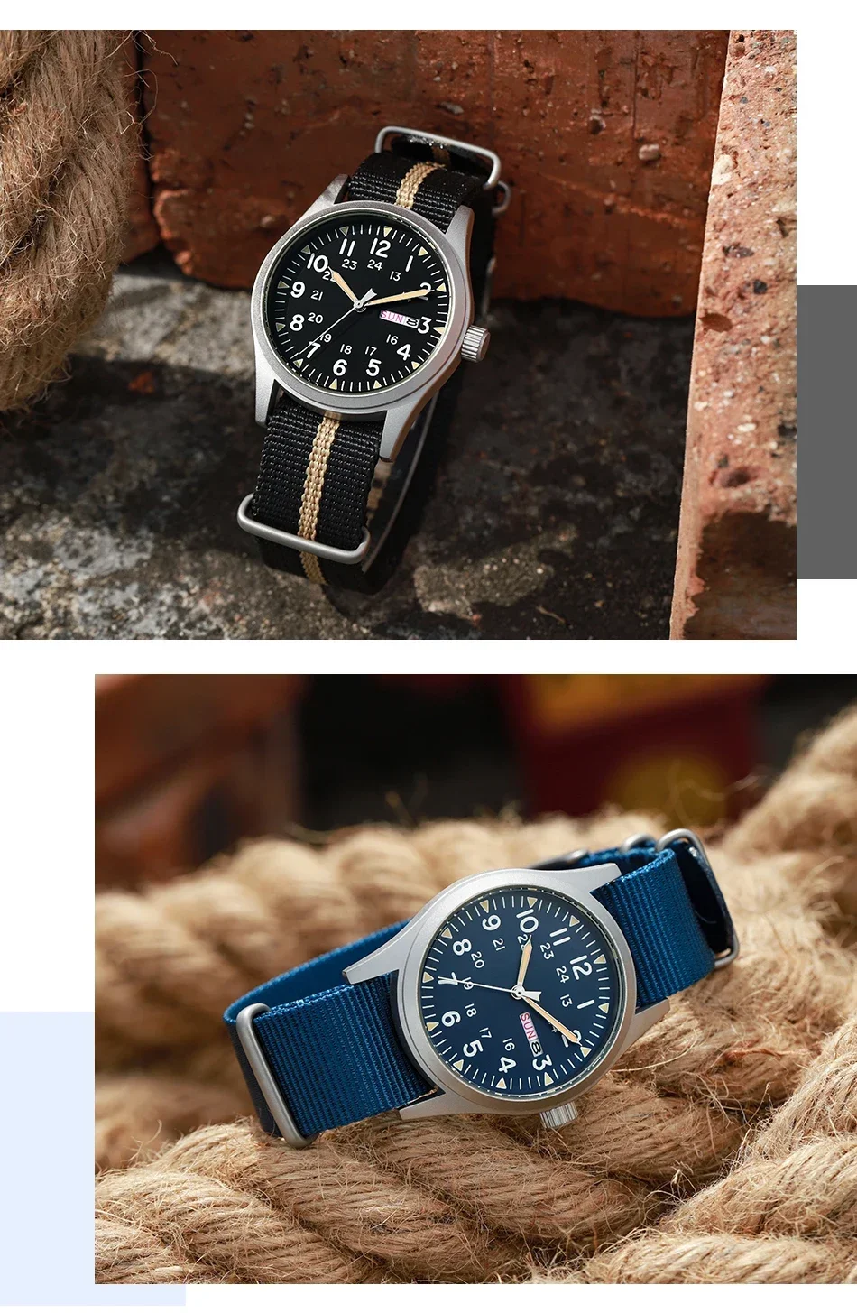 TPW 2026 Luminous 38mm Couple Wrist Watch Arabic Numeral Easy Read Fabric Strap 24hr Date Day Quartz Field Watch