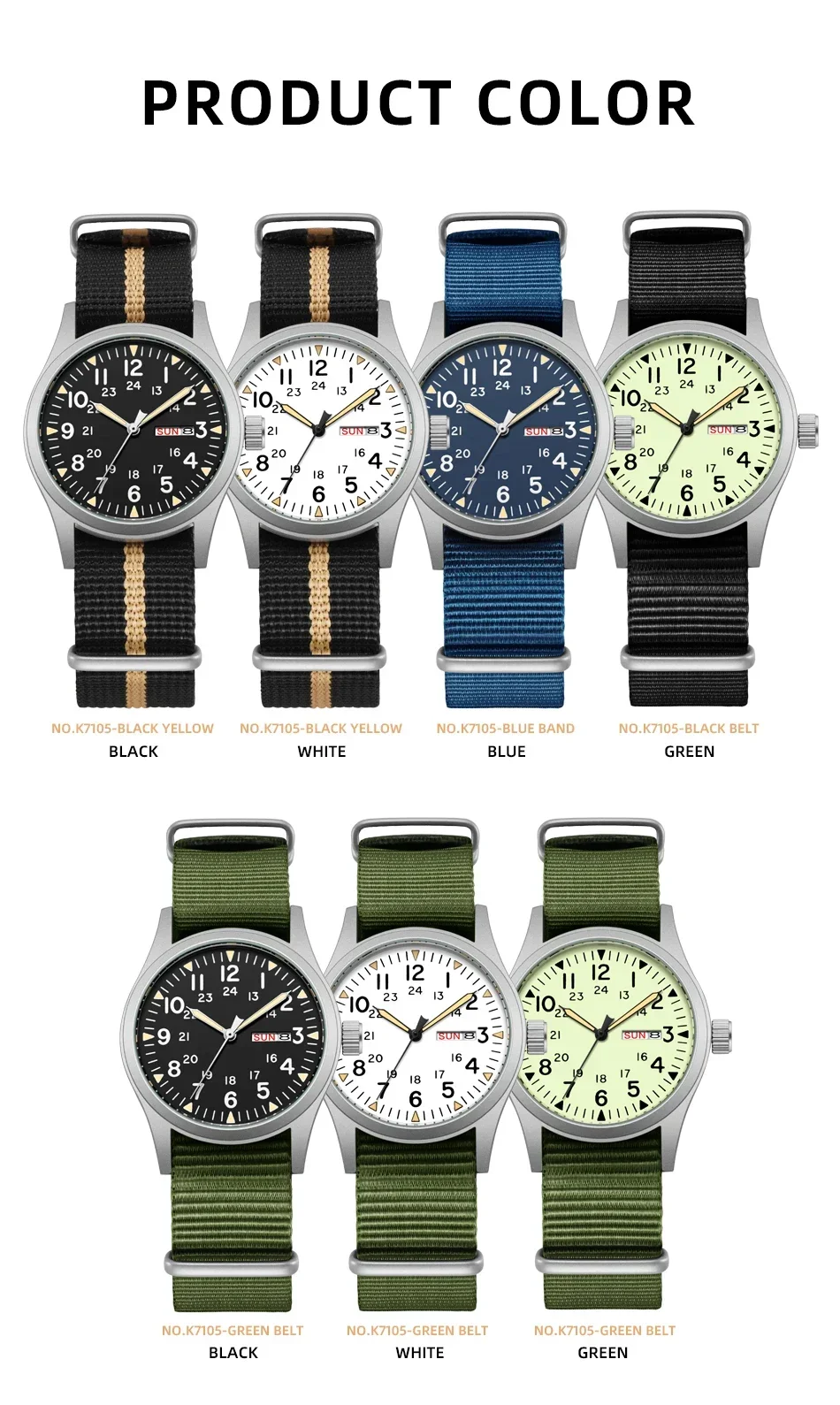 TPW 2026 Luminous 38mm Couple Wrist Watch Arabic Numeral Easy Read Fabric Strap 24hr Date Day Quartz Field Watch