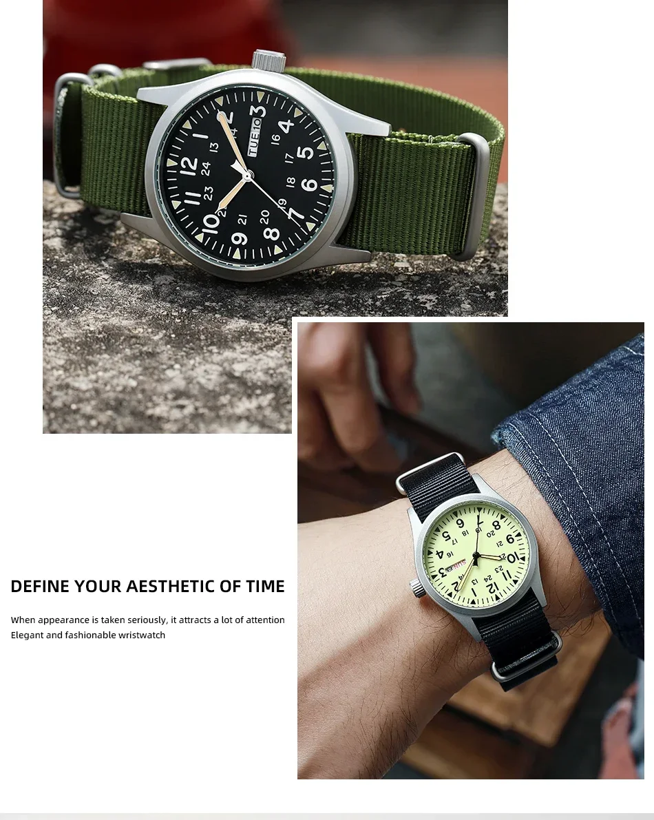TPW 2026 Luminous 38mm Couple Wrist Watch Arabic Numeral Easy Read Fabric Strap 24hr Date Day Quartz Field Watch