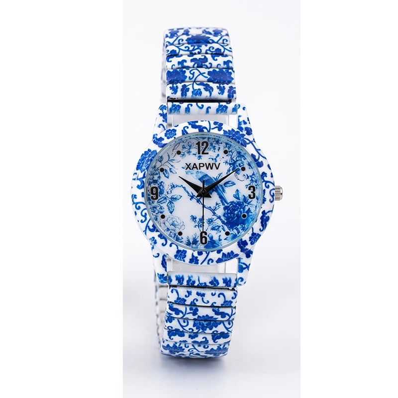 Fashionable Women's Watch, Casual Niche Luxury, Blue and White Porcelain Quartz, New Elastic Strap, Couple's Model, a Pair