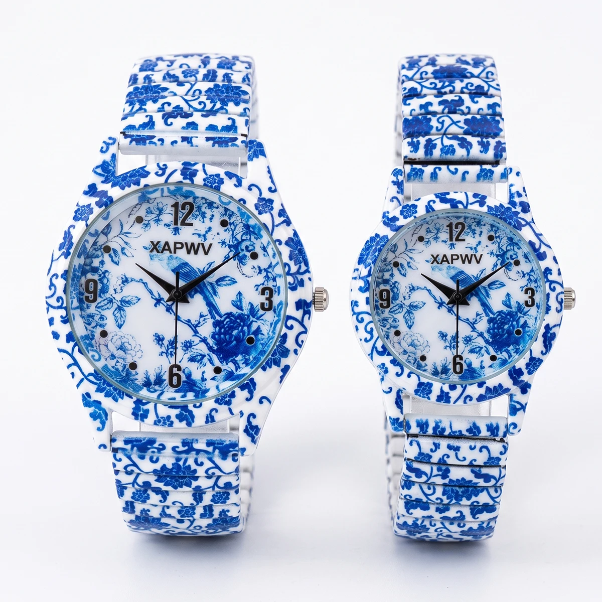 Fashionable Women's Watch, Casual Niche Luxury, Blue and White Porcelain Quartz, New Elastic Strap, Couple's Model, a Pair