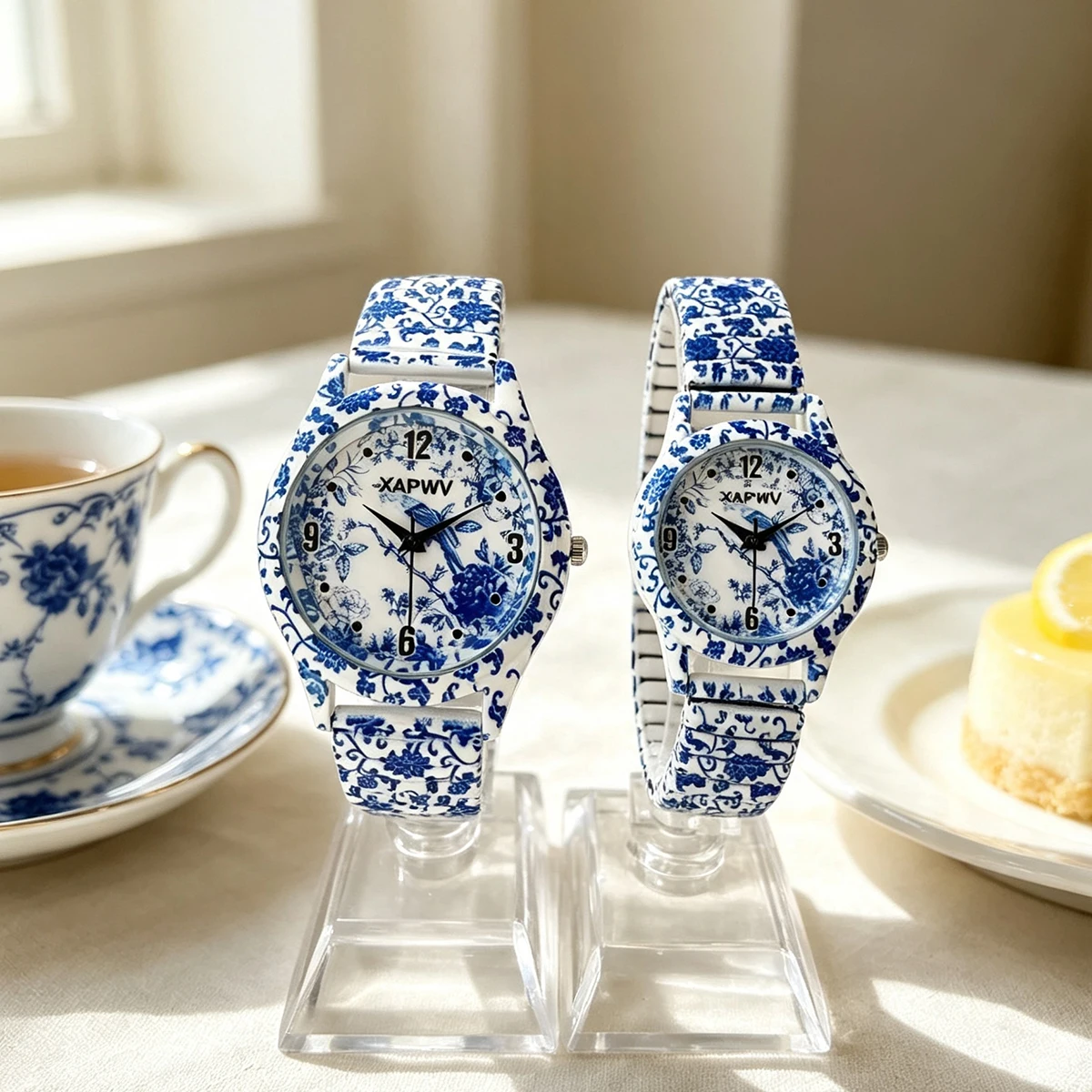 Fashionable Women's Watch, Casual Niche Luxury, Blue and White Porcelain Quartz, New Elastic Strap, Couple's Model, a Pair