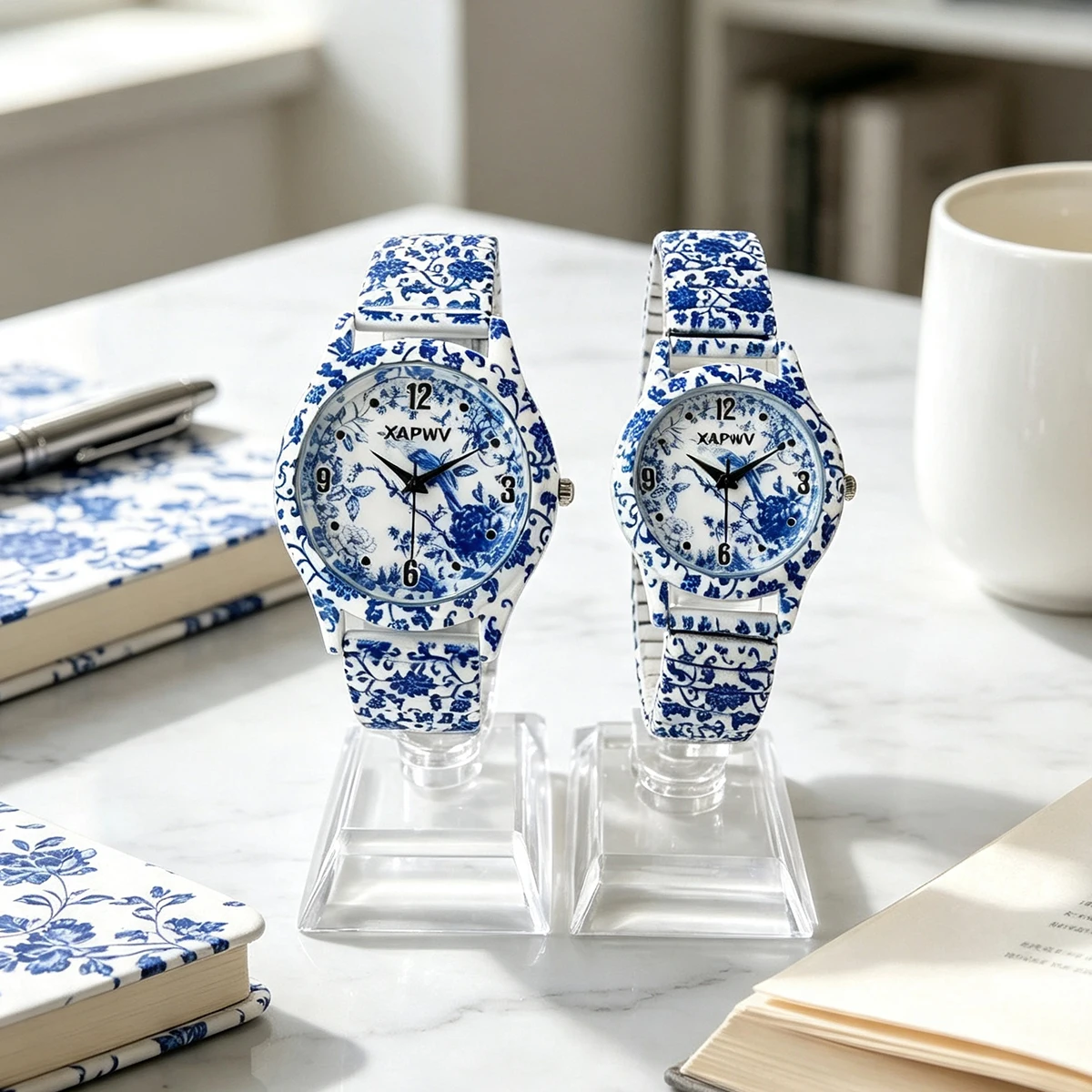 Fashionable Women's Watch, Casual Niche Luxury, Blue and White Porcelain Quartz, New Elastic Strap, Couple's Model, a Pair