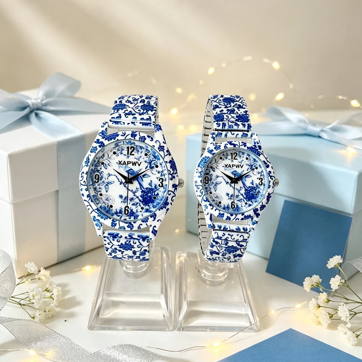 Fashionable Women's Watch, Casual Niche Luxury, Blue and White Porcelain Quartz, New Elastic Strap, Couple's Model, a Pair
