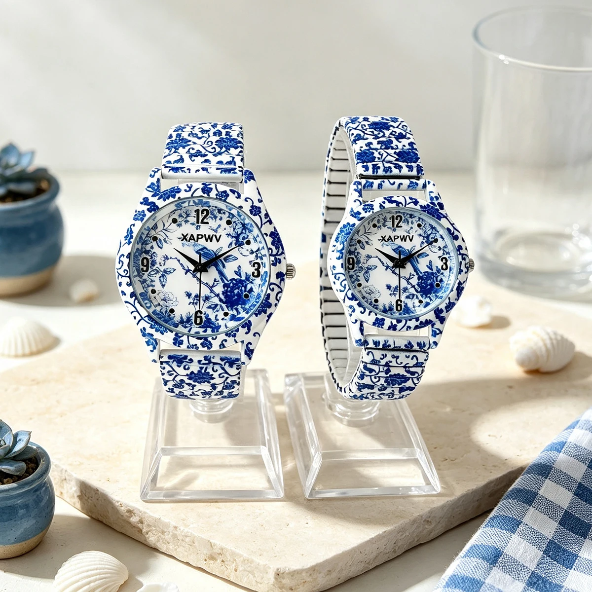 Fashionable Women's Watch, Casual Niche Luxury, Blue and White Porcelain Quartz, New Elastic Strap, Couple's Model, a Pair