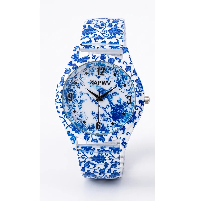 Fashionable Women's Watch, Casual Niche Luxury, Blue and White Porcelain Quartz, New Elastic Strap, Couple's Model, a Pair