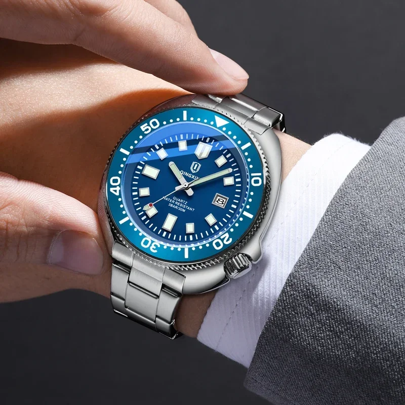 1#QINGXIYA Brand New Fashion Design Date Quartz Watch for Men Stainless Steel Waterproof Luminous Mens Watches Relogio Masculino