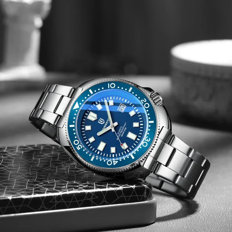 1#QINGXIYA Brand New Fashion Design Date Quartz Watch for Men Stainless Steel Waterproof Luminous Mens Watches Relogio Masculino