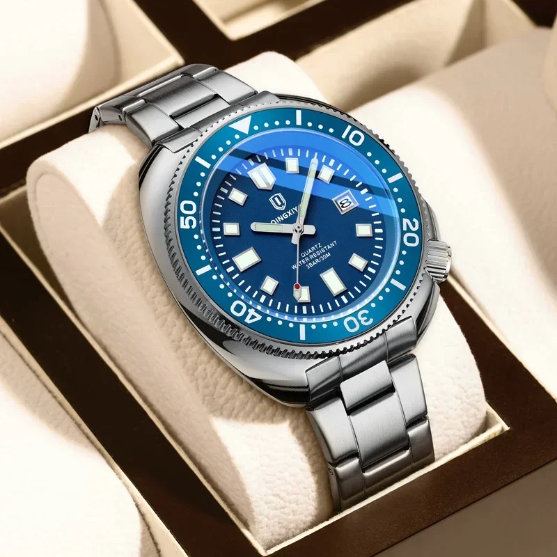 1#QINGXIYA Brand New Fashion Design Date Quartz Watch for Men Stainless Steel Waterproof Luminous Mens Watches Relogio Masculino
