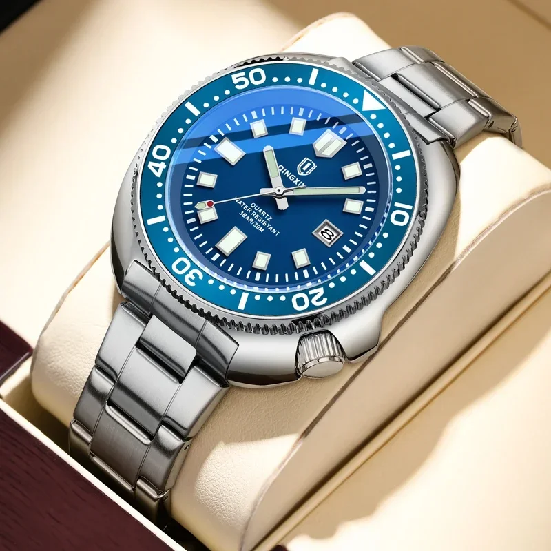 1#QINGXIYA Brand New Fashion Design Date Quartz Watch for Men Stainless Steel Waterproof Luminous Mens Watches Relogio Masculino