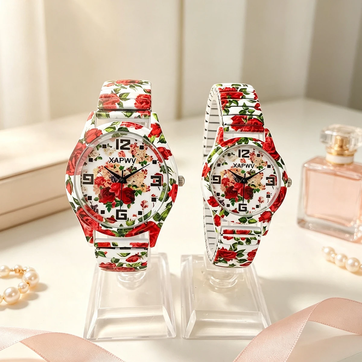 Rose-Colored Women's Watch, Fashionable Casual Elastic Band Quartz Couple's Watch, One for Men and One for Women