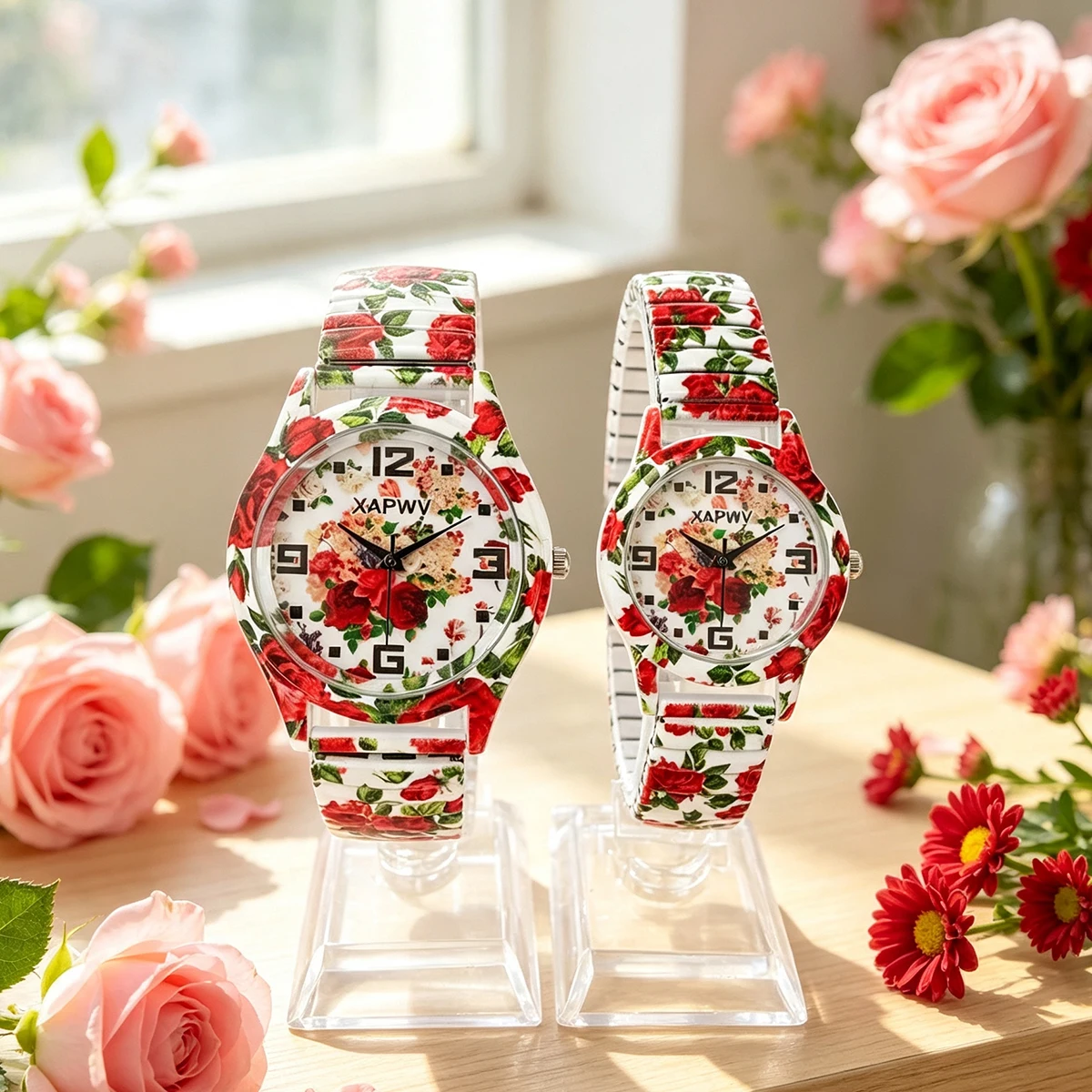 Rose-Colored Women's Watch, Fashionable Casual Elastic Band Quartz Couple's Watch, One for Men and One for Women