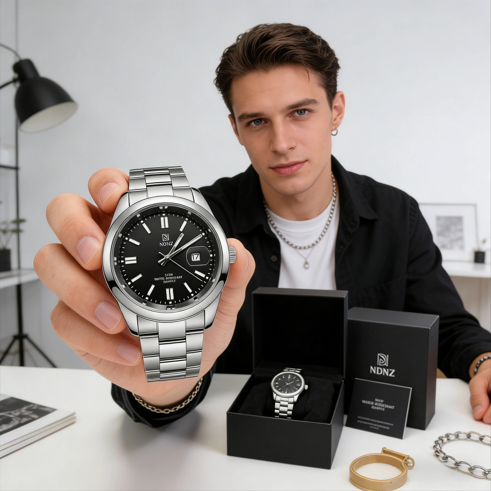 &Luminous Couple Watch Stainless Steel Waterproof Japanese Movement Date Display Luxury Wristwatch