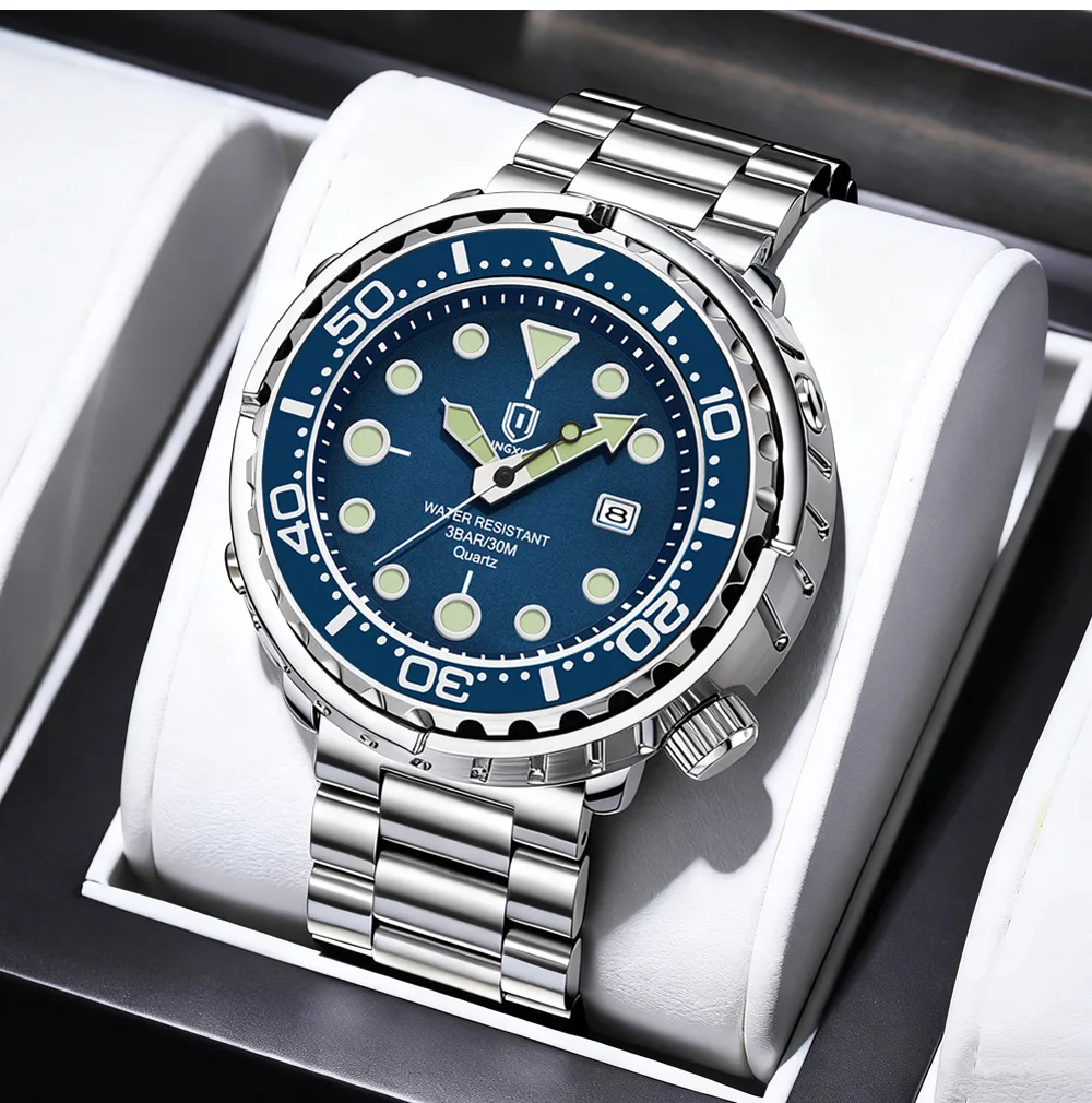 2027QINGXIYA Men Quartz Watch 3 Hand Calendar Sport Waterproof Luminous Wristwatch Silver Black Orange