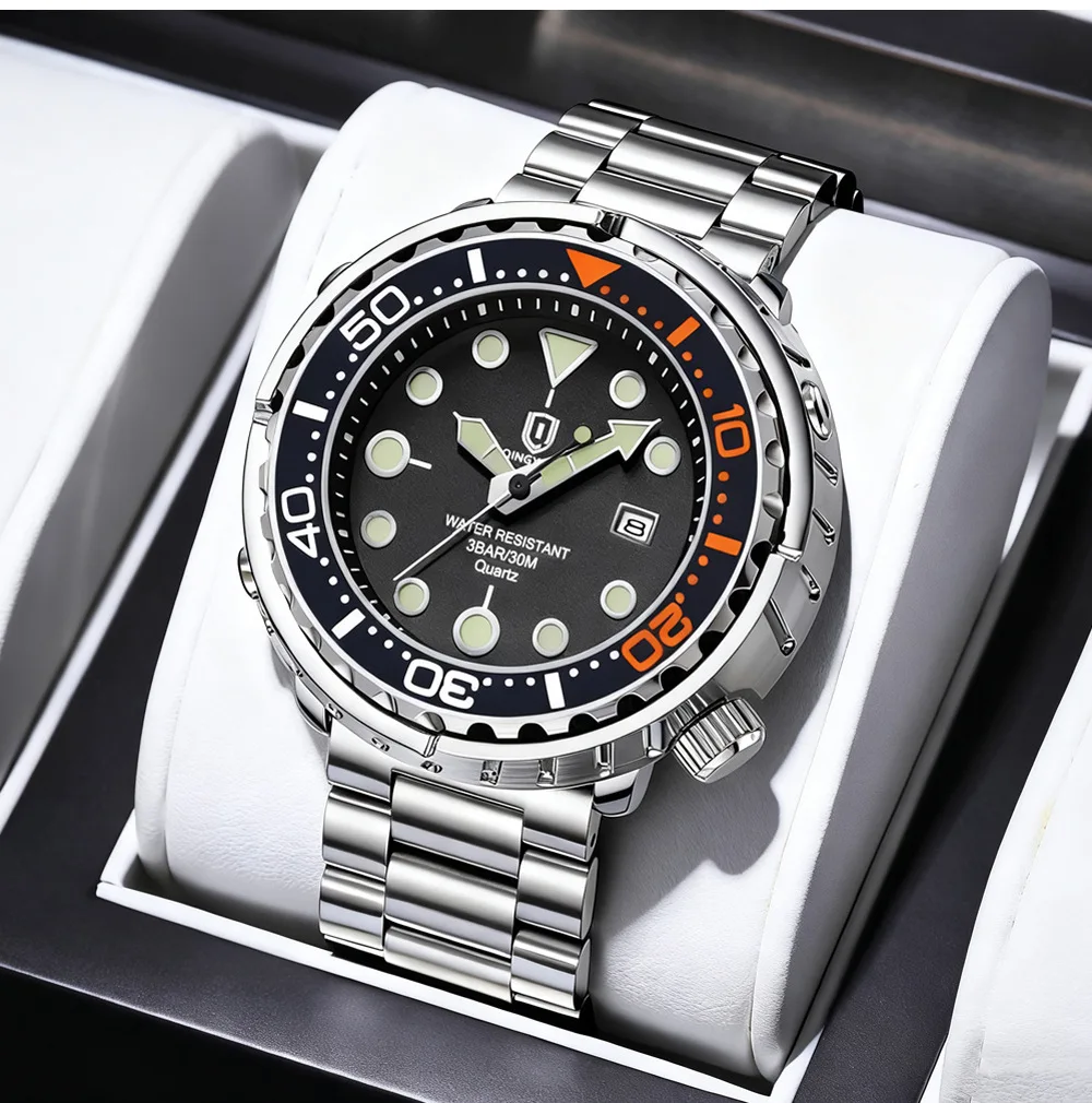 2027QINGXIYA Men Quartz Watch 3 Hand Calendar Sport Waterproof Luminous Wristwatch Silver Black Orange