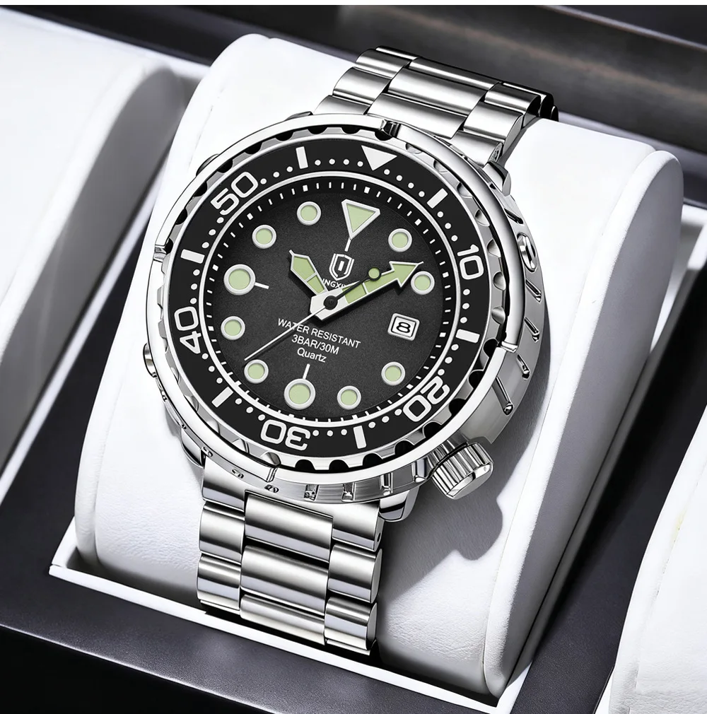 2027QINGXIYA Men Quartz Watch 3 Hand Calendar Sport Waterproof Luminous Wristwatch Silver Black Orange