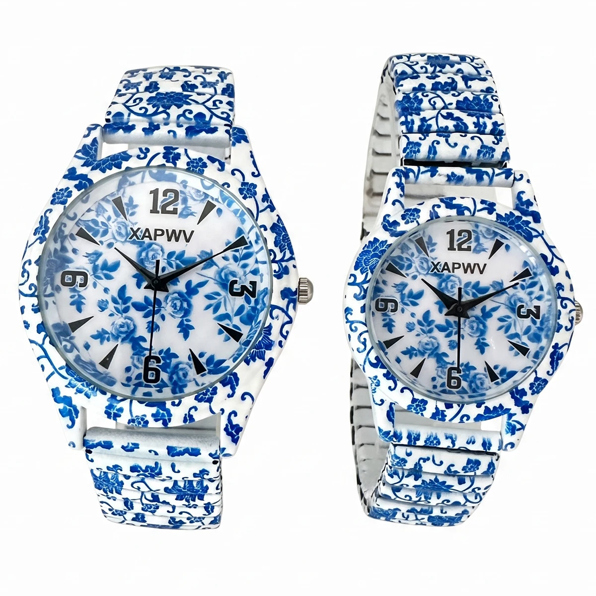 Couple's Pair of Quartz Watches, New Niche Luxury Blue and White Porcelain Women's Watch with Elastic Strap, Fashionable Wristwatch