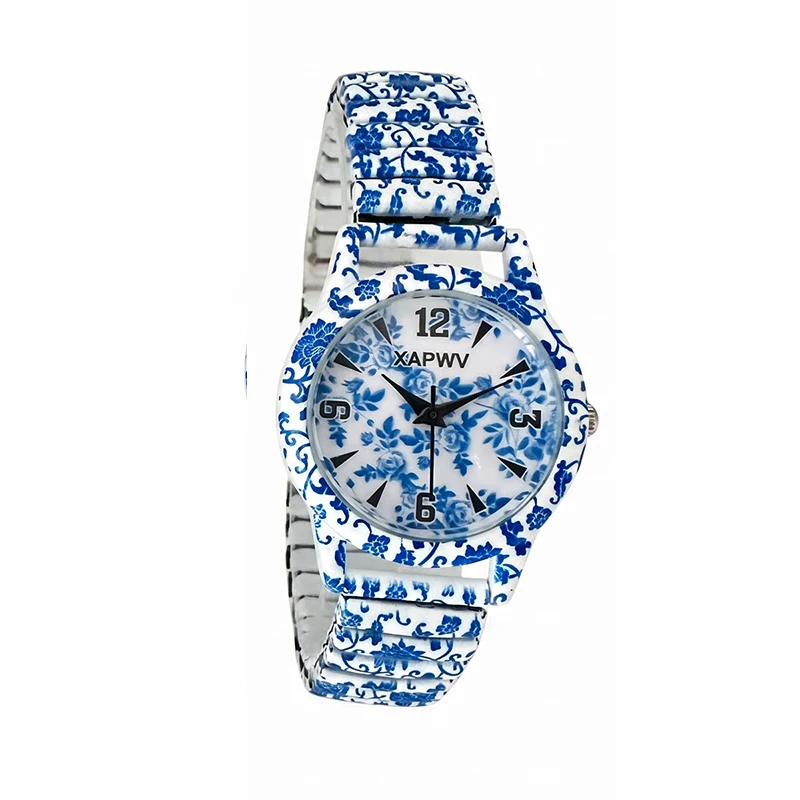 Couple's Pair of Quartz Watches, New Niche Luxury Blue and White Porcelain Women's Watch with Elastic Strap, Fashionable Wristwatch
