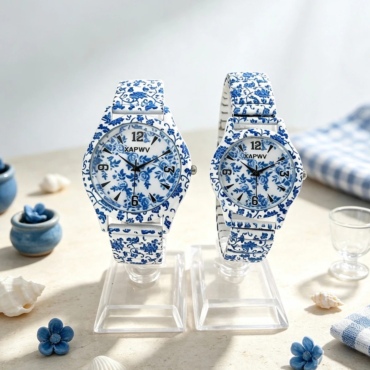 Couple's Pair of Quartz Watches, New Niche Luxury Blue and White Porcelain Women's Watch with Elastic Strap, Fashionable Wristwatch