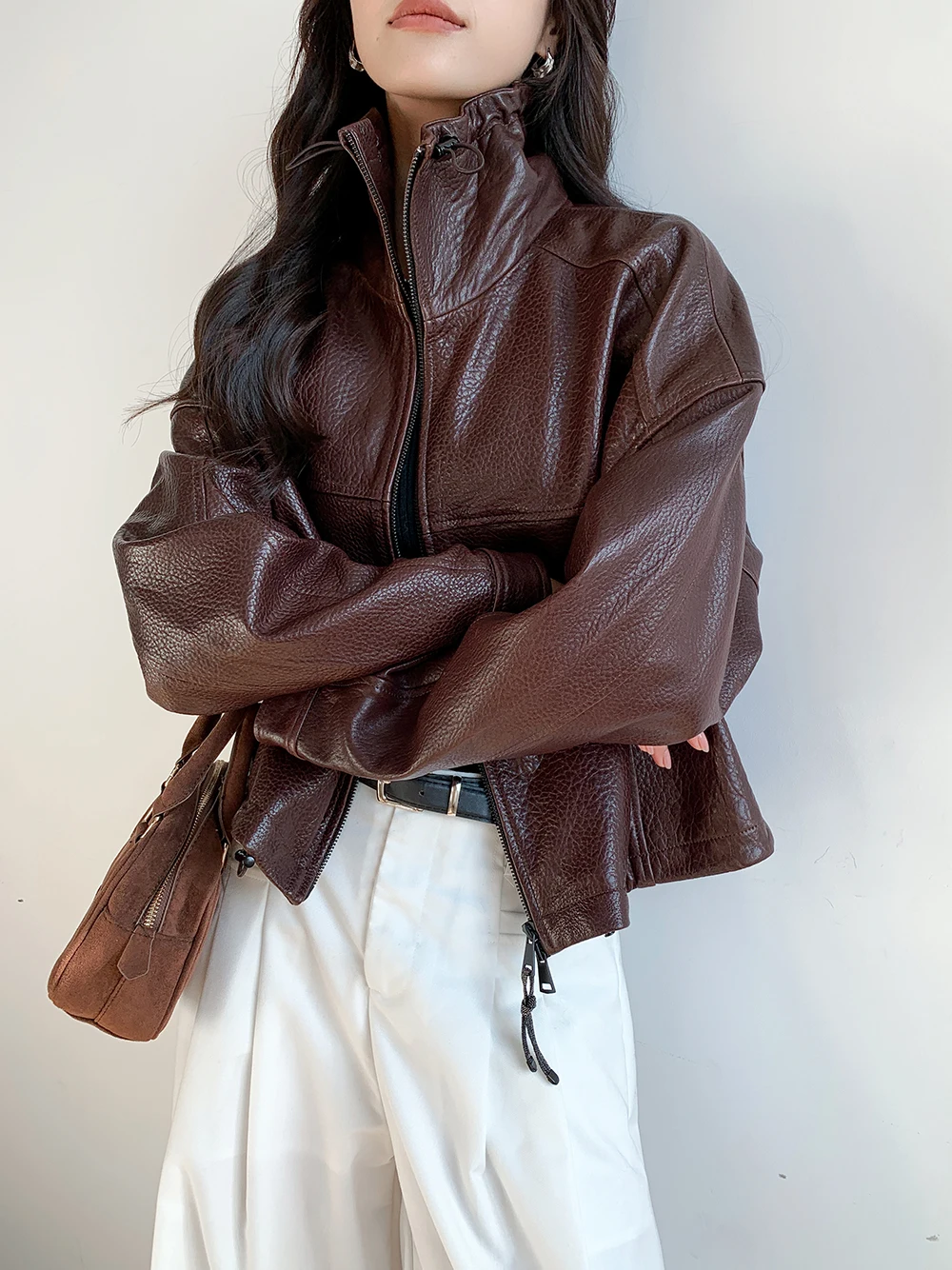 Vintage Genuine Leather Cropped Jackets for Women Spring Autumn 2026 New High-end Simple Stand Collar Bubble Real Sheepskin Coat