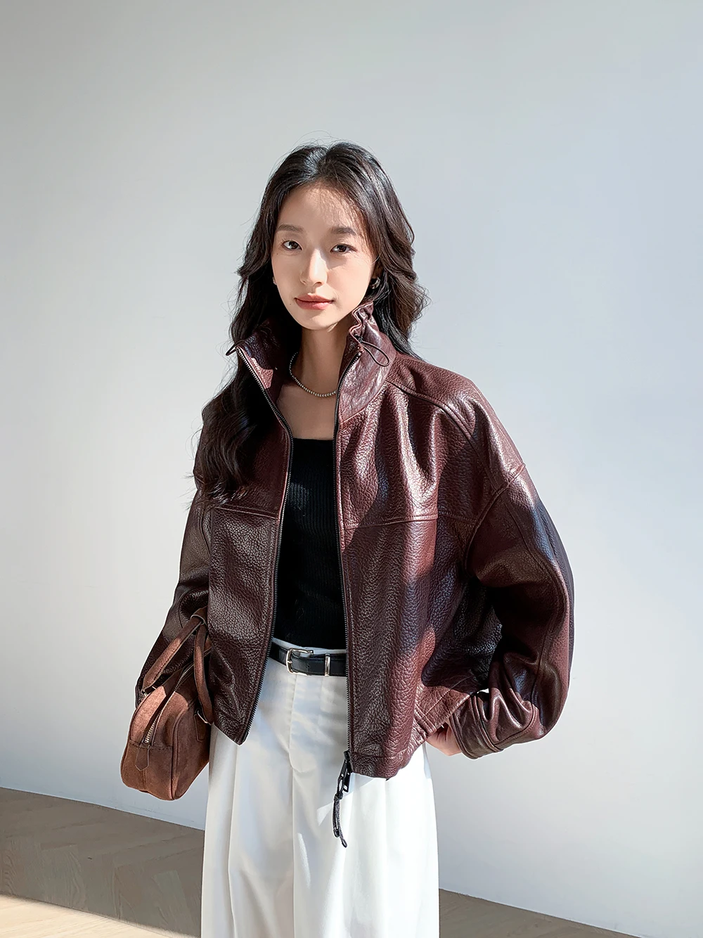 Vintage Genuine Leather Cropped Jackets for Women Spring Autumn 2026 New High-end Simple Stand Collar Bubble Real Sheepskin Coat
