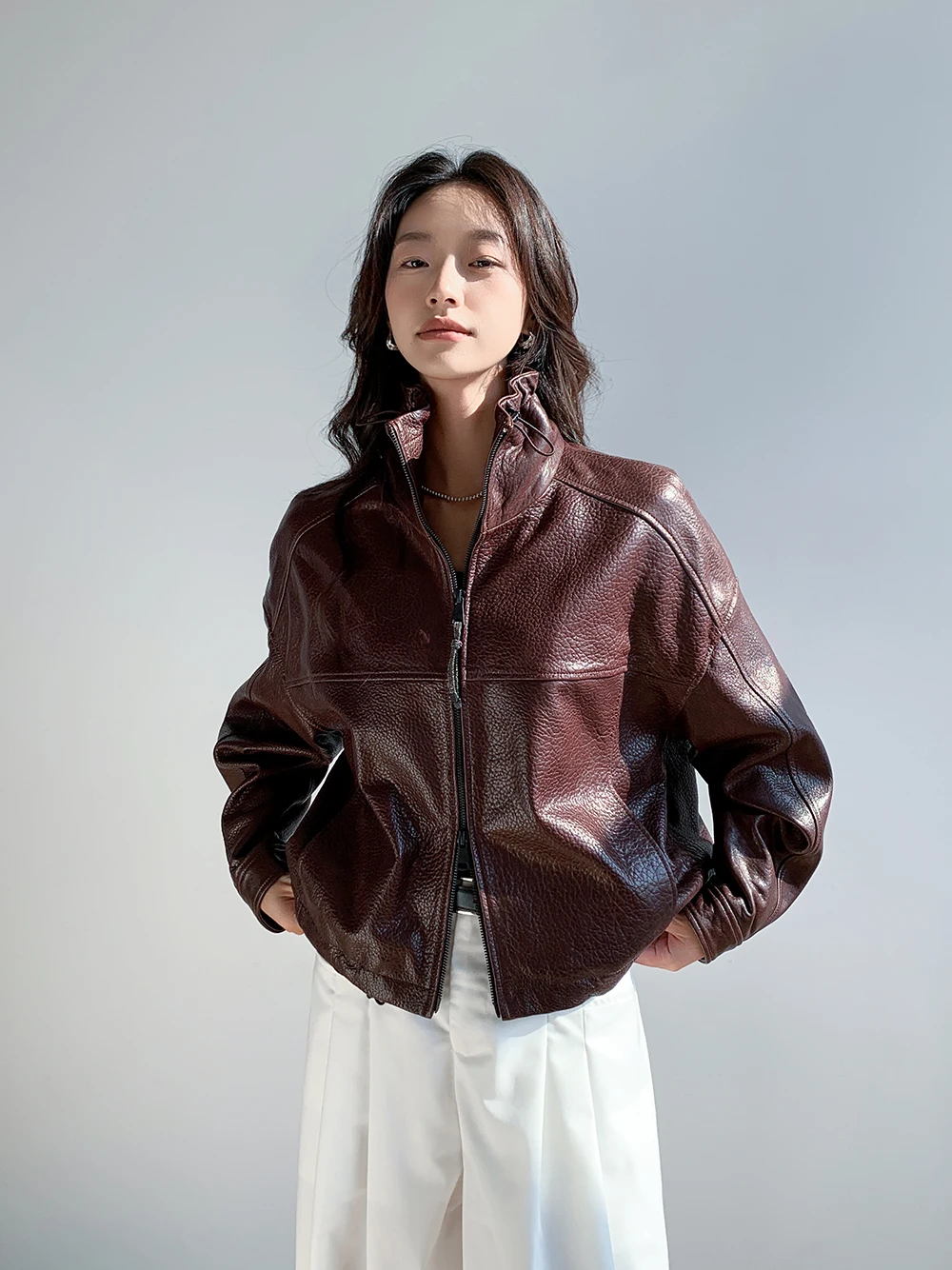 Vintage Genuine Leather Cropped Jackets for Women Spring Autumn 2026 New High-end Simple Stand Collar Bubble Real Sheepskin Coat