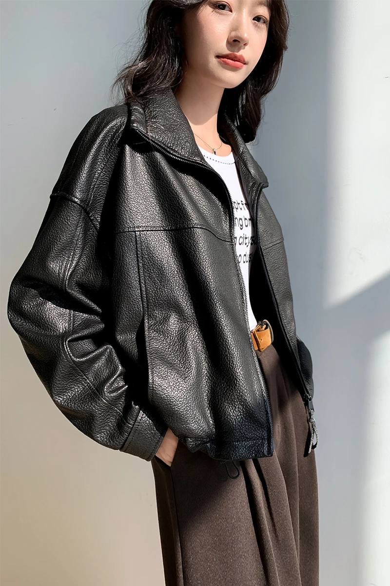 Vintage Genuine Leather Cropped Jackets for Women Spring Autumn 2026 New High-end Simple Stand Collar Bubble Real Sheepskin Coat