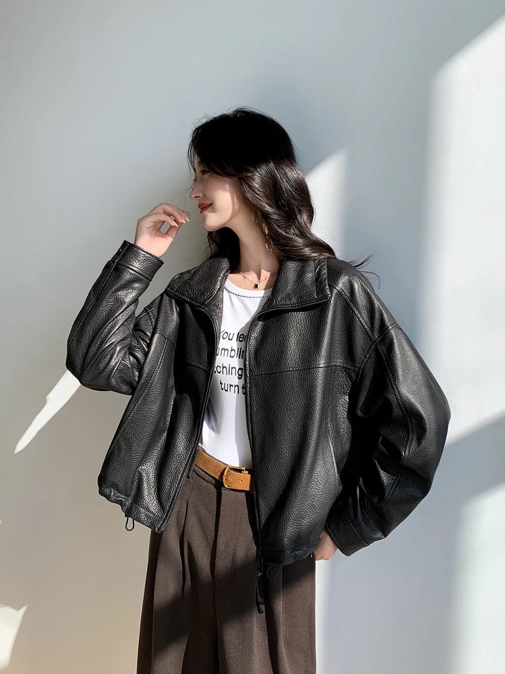 Vintage Genuine Leather Cropped Jackets for Women Spring Autumn 2026 New High-end Simple Stand Collar Bubble Real Sheepskin Coat