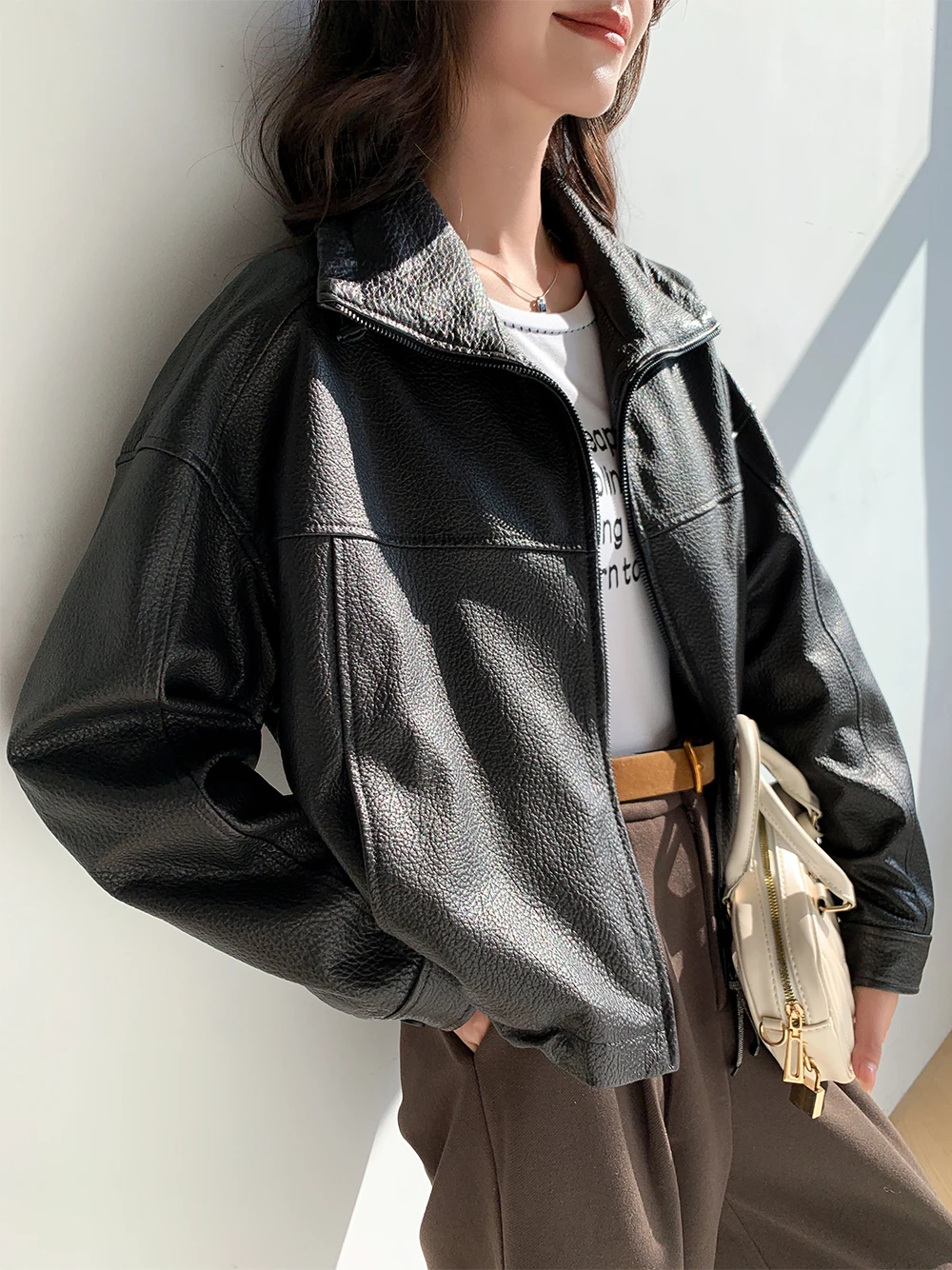 Vintage Genuine Leather Cropped Jackets for Women Spring Autumn 2026 New High-end Simple Stand Collar Bubble Real Sheepskin Coat